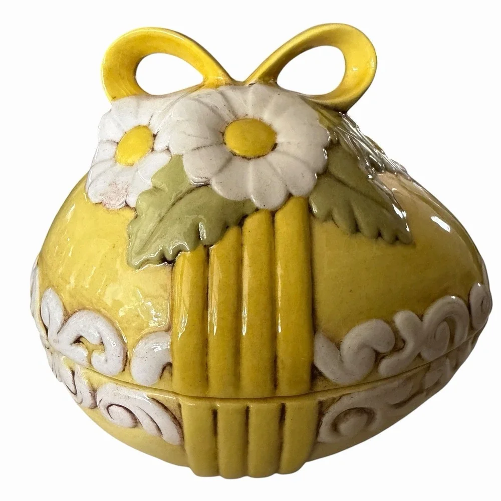 Vintage Atlantic Mold Hand Painted Ceramic Easter Egg Candy Dish Bowl Yellow Bow